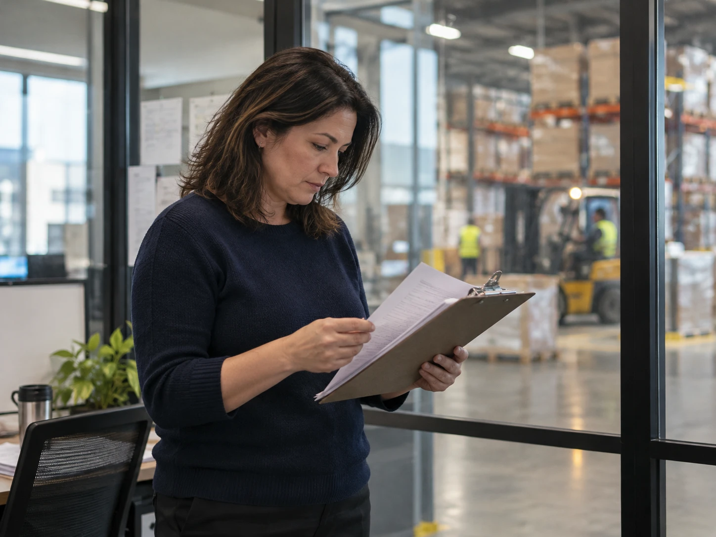 An HR manager in a warehouse office reviewing paperwork on a clipboard