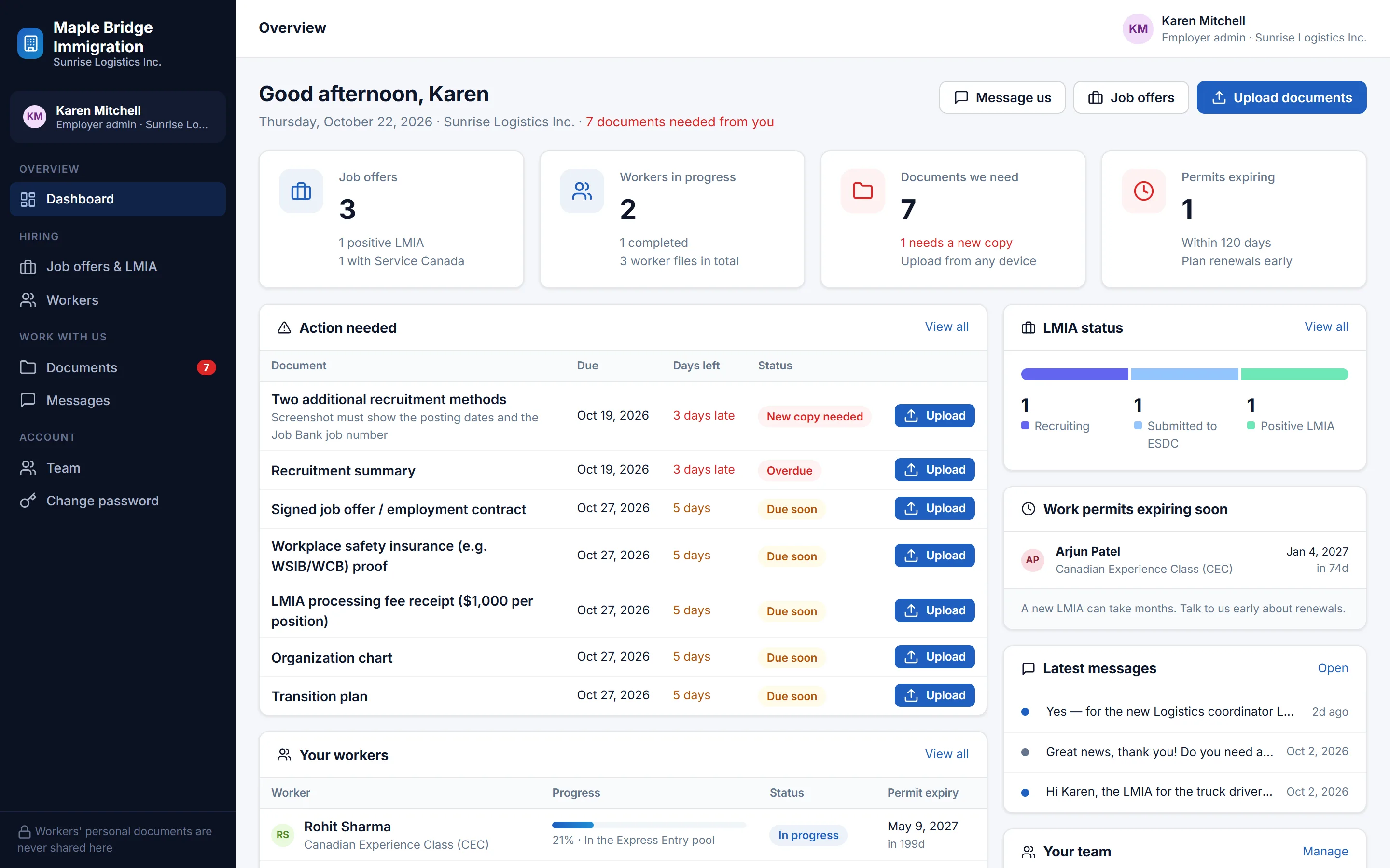 Employer portal showing job offers, workers in progress and the documents the firm still needs