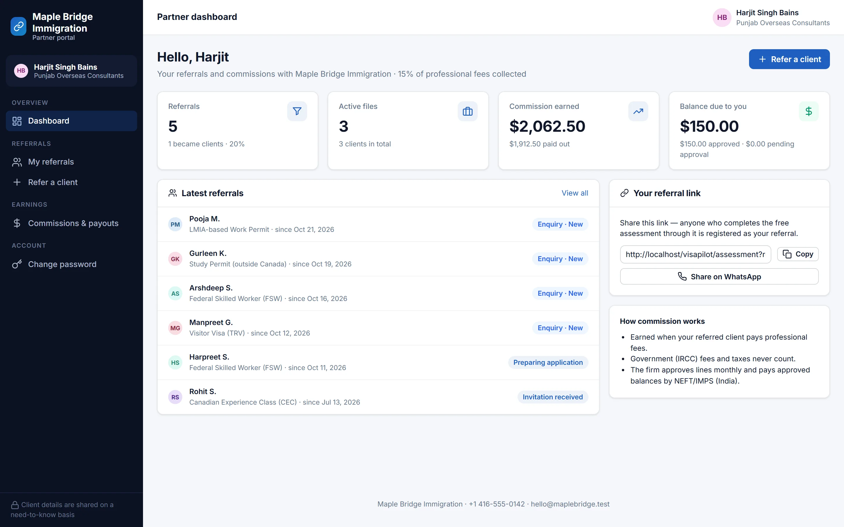 Agent portal showing referrals and commission totals