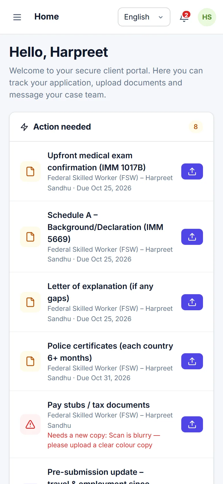 Client portal on a phone listing documents still needed, each with an upload button